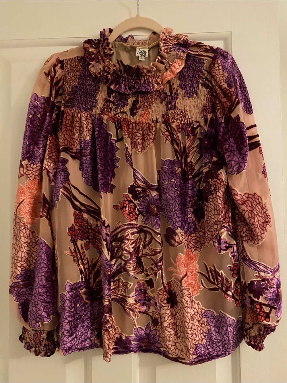 ivy jane Purple & Peach Floral Ruffle-Neck Blouse lined
